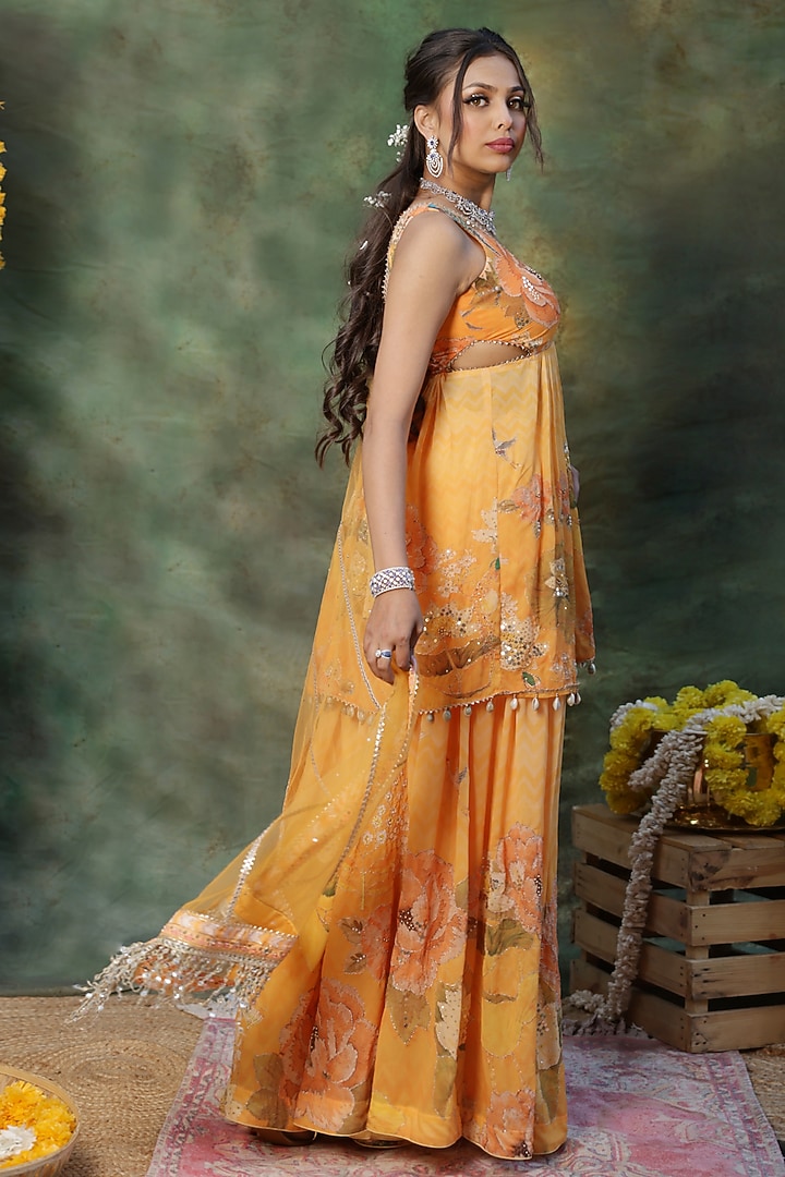 Yellow Georgette Floral Printed Wedding Sharara Set by Archana Kochhar at Pernia's Pop Up Shop