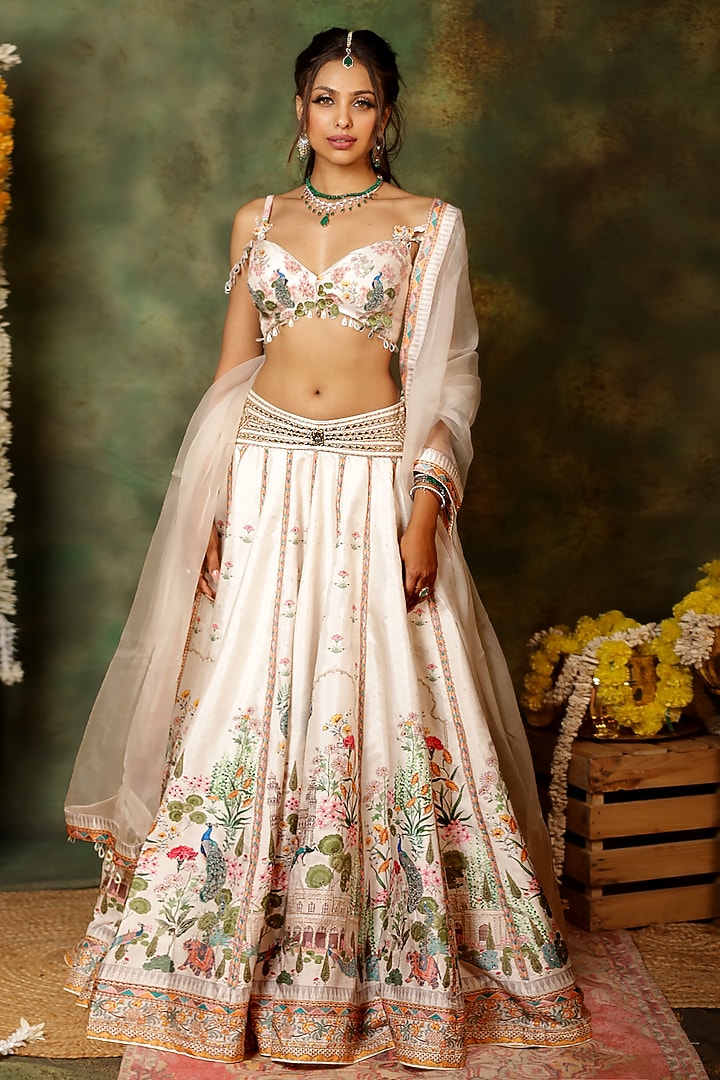 Ivory Raw Silk Digital Printed Wedding Lehenga Set by Archana Kochhar at Pernia's Pop Up Shop