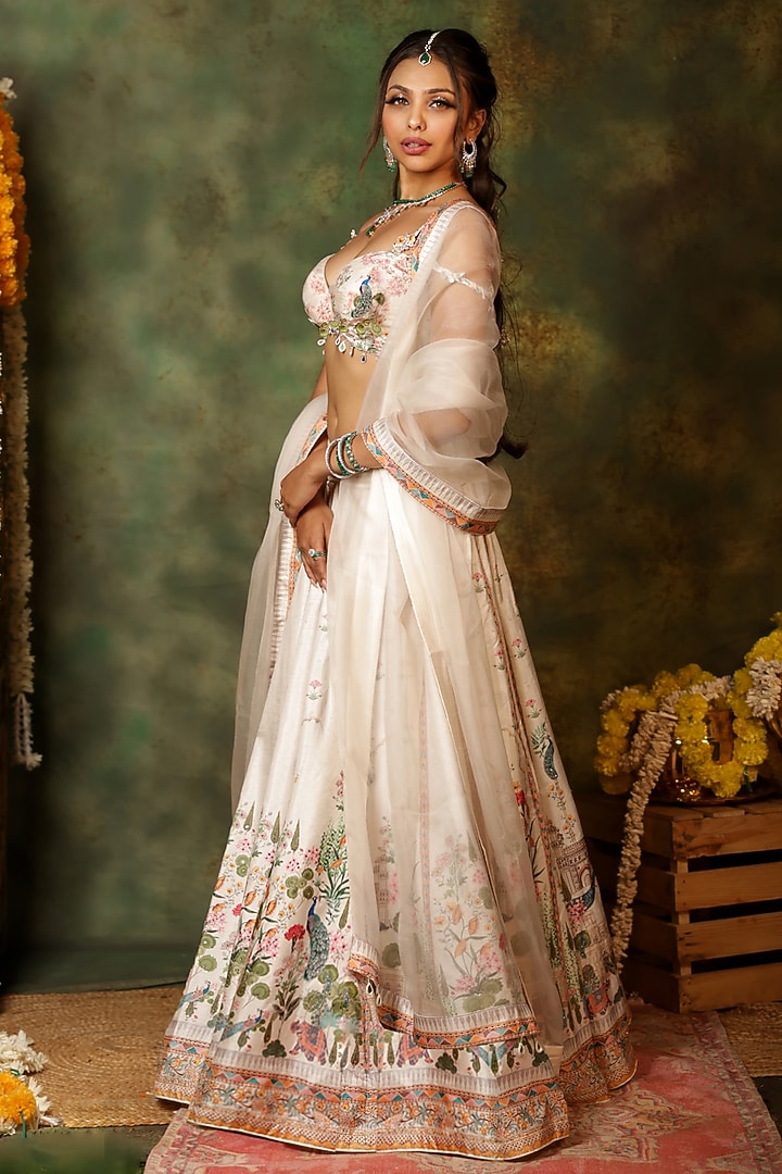 Ivory Raw Silk Digital Printed Wedding Lehenga Set by Archana Kochhar at Pernia's Pop Up Shop