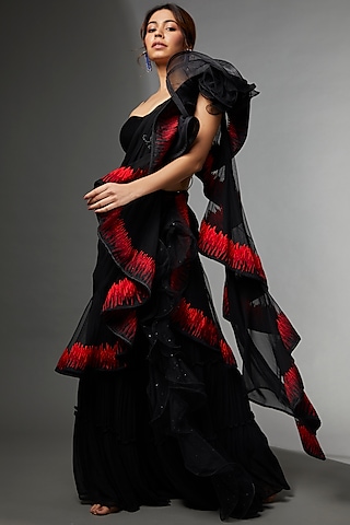 Black & Red Georgette Thread Embroidered Palazzo Pant Saree Set by Archana Kochhar