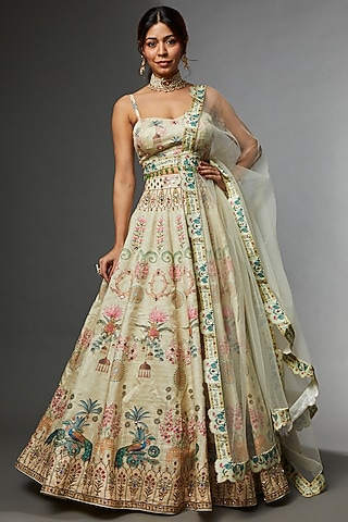 Pastel Green Raw Silk Printed Lehenga Set by Archana Kochhar