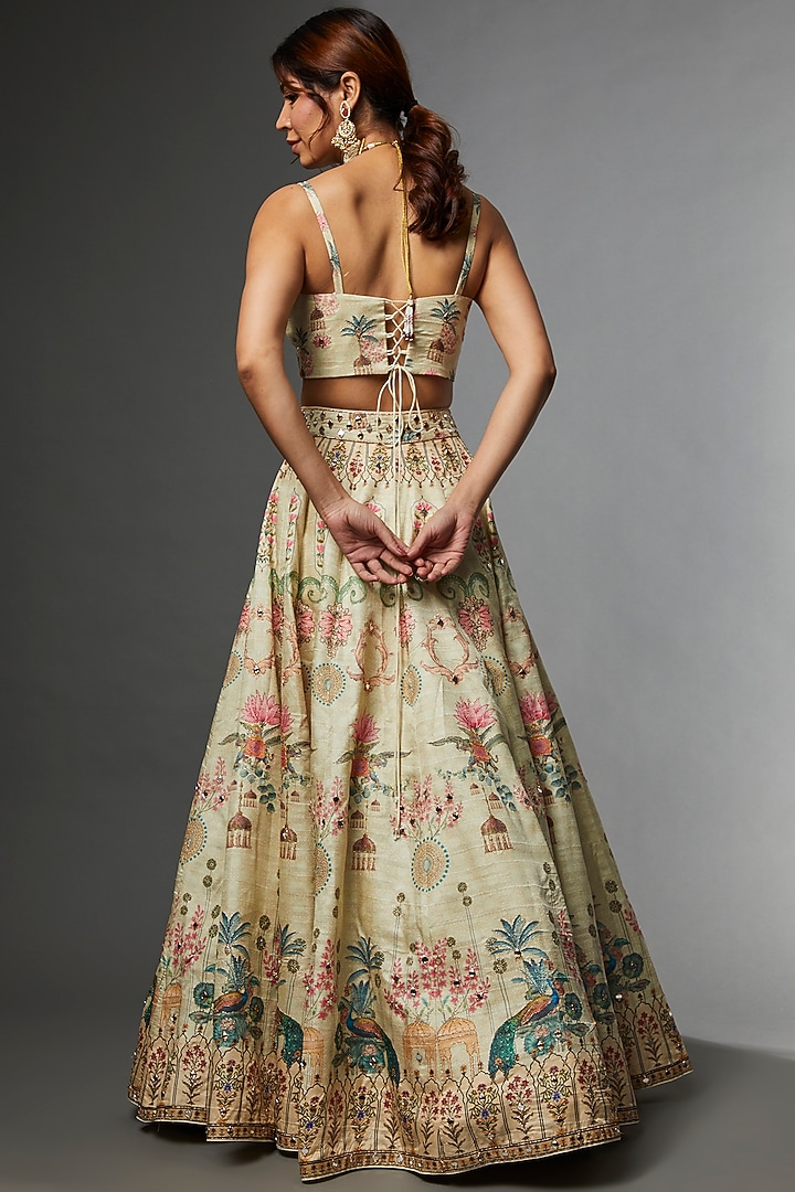 Pastel Green Raw Silk Printed Wedding Lehenga Set by Archana Kochhar at Pernia's Pop Up Shop