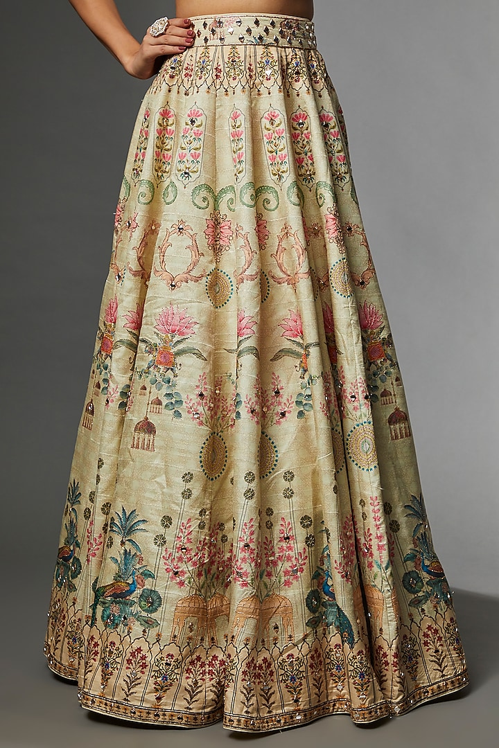 Pastel Green Raw Silk Printed Wedding Lehenga Set by Archana Kochhar at Pernia's Pop Up Shop