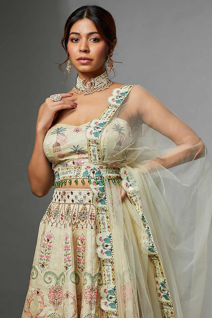 Pastel Green Raw Silk Printed Wedding Lehenga Set by Archana Kochhar at Pernia's Pop Up Shop