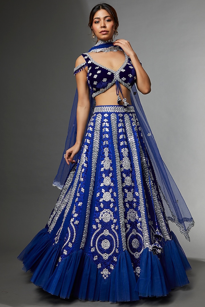 Royal Blue Raw Silk Embroidered Wedding Lehenga Set by Archana Kochhar at Pernia's Pop Up Shop