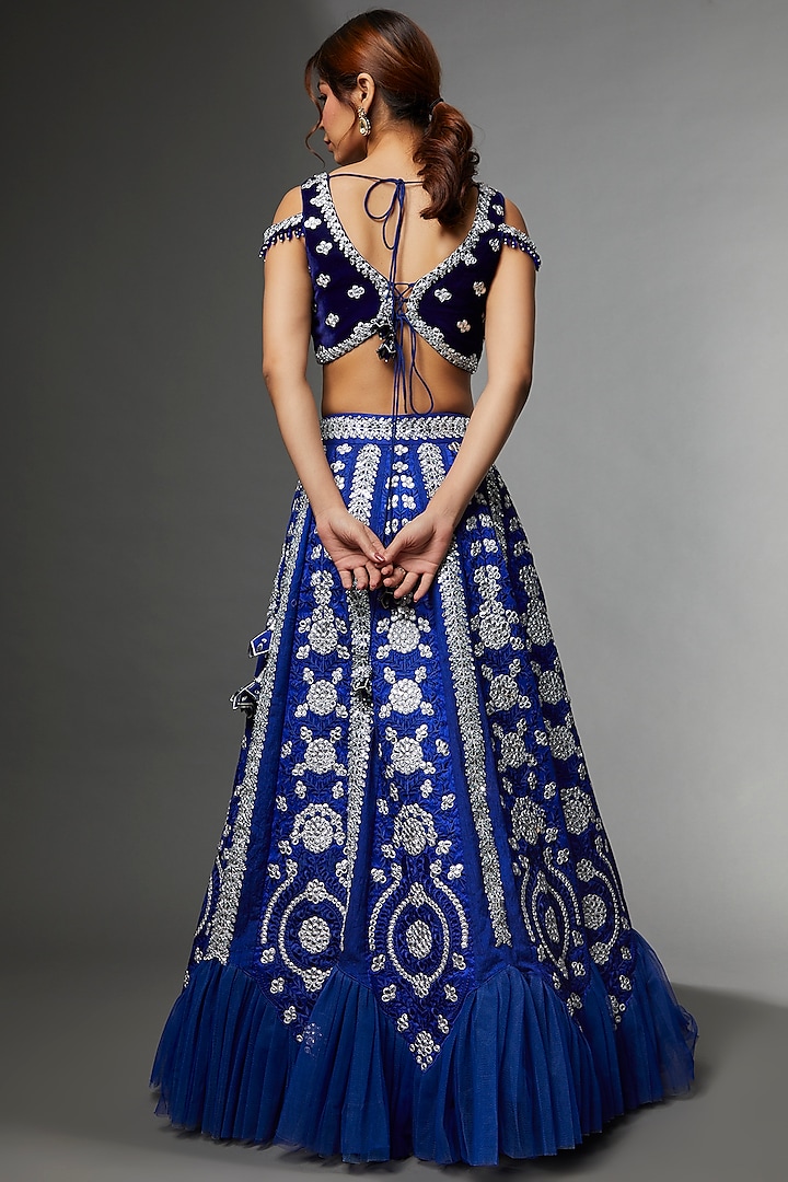 Royal Blue Raw Silk Embroidered Wedding Lehenga Set by Archana Kochhar at Pernia's Pop Up Shop