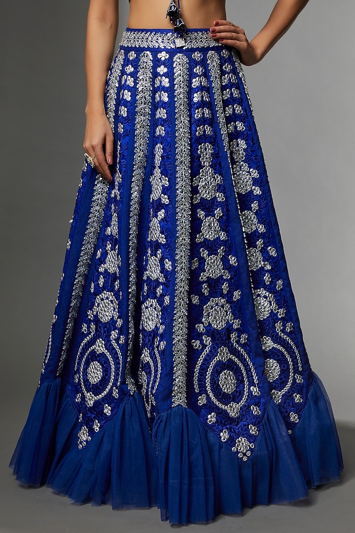 Royal Blue Raw Silk Embroidered Wedding Lehenga Set by Archana Kochhar at Pernia's Pop Up Shop