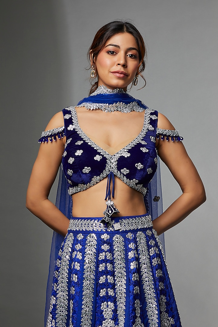 Royal Blue Raw Silk Embroidered Wedding Lehenga Set by Archana Kochhar at Pernia's Pop Up Shop