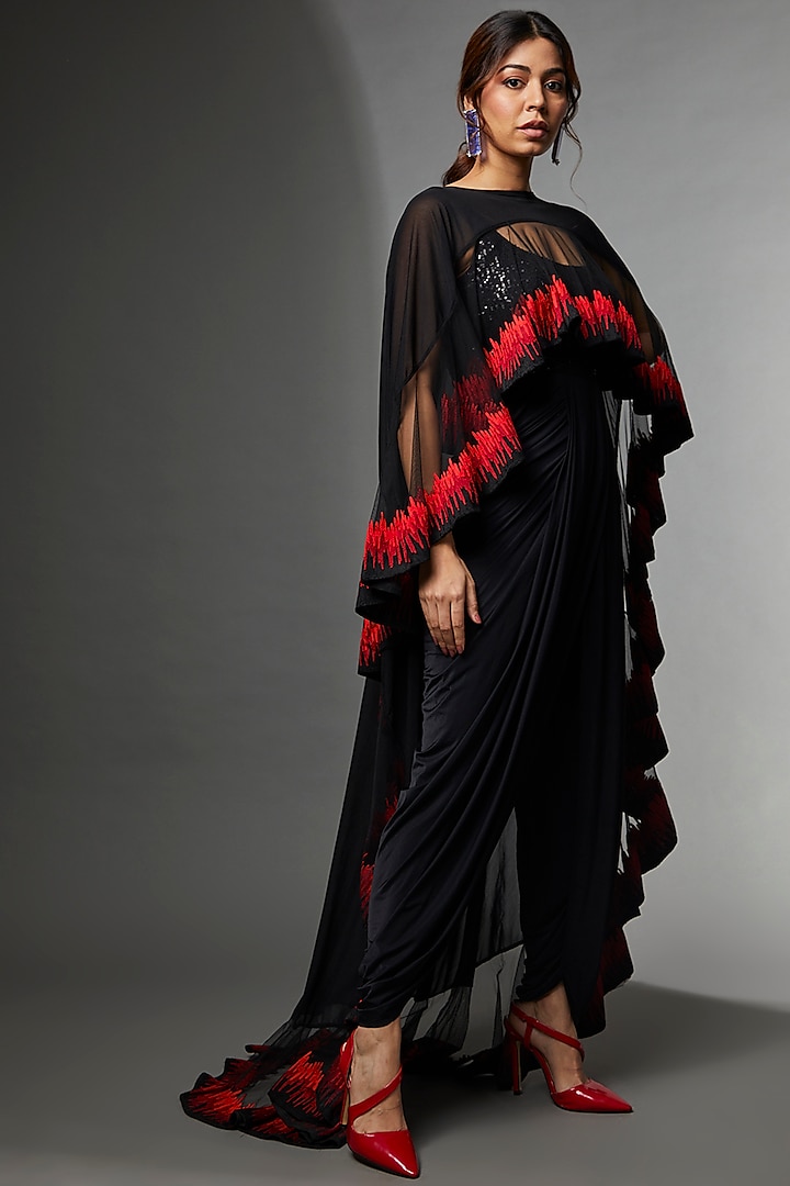 Black & Red Net Embroidered Cape Set by Archana Kochhar at Pernia's Pop Up Shop