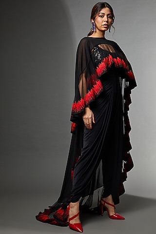 Black & Red Net Embroidered Cape Set by Archana Kochhar