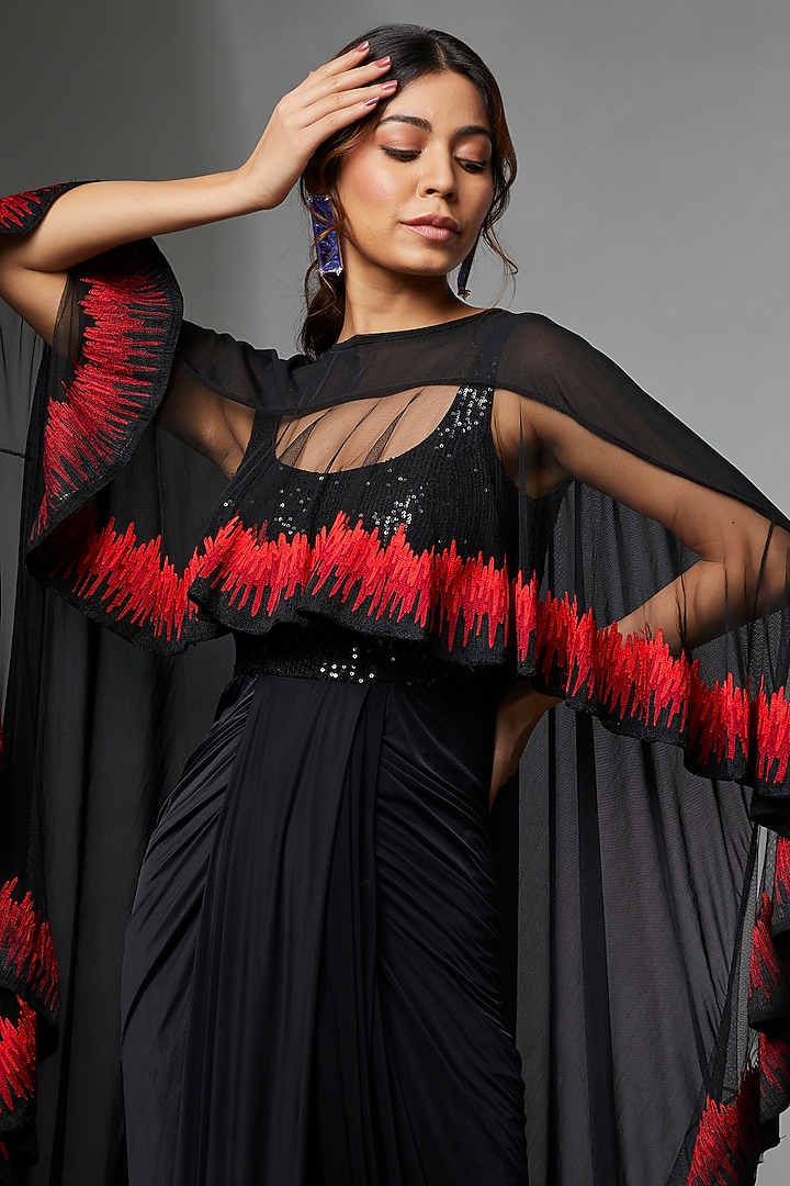 Black & Red Net Embroidered Cape Set by Archana Kochhar at Pernia's Pop Up Shop