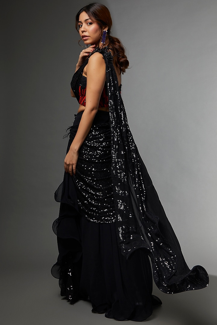 Black Georgette Embroidered Skirt Wedding Saree Set by Archana Kochhar at Pernia's Pop Up Shop