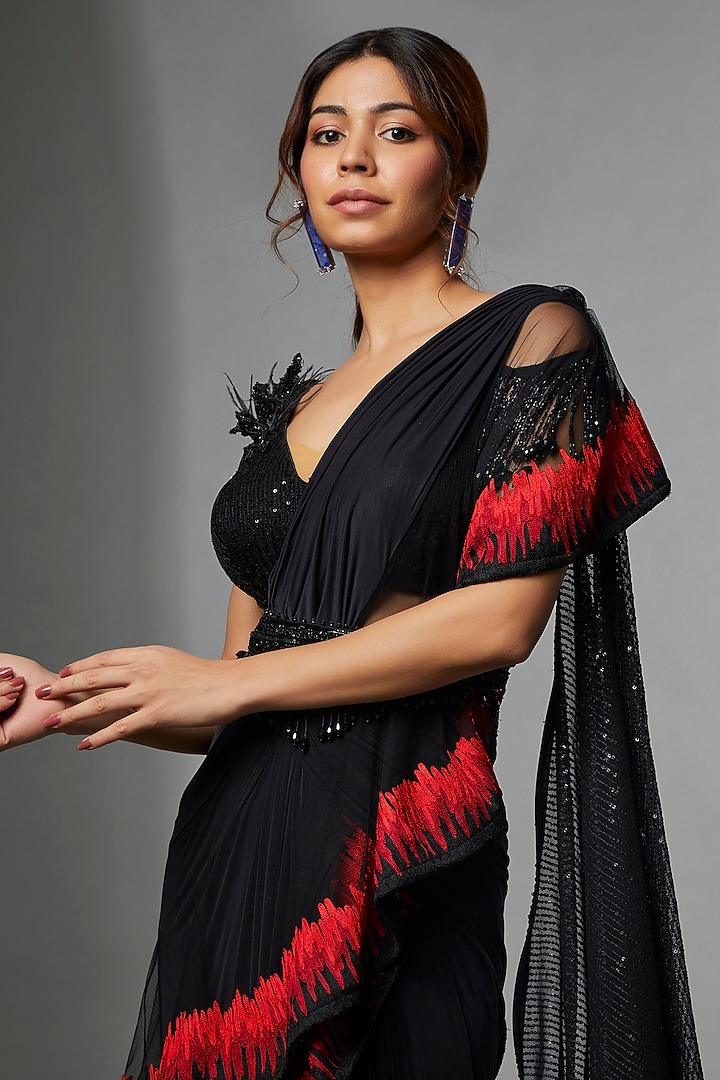 Black & Red Georgette Embroidered Skirt Wedding Saree Set by Archana Kochhar at Pernia's Pop Up Shop