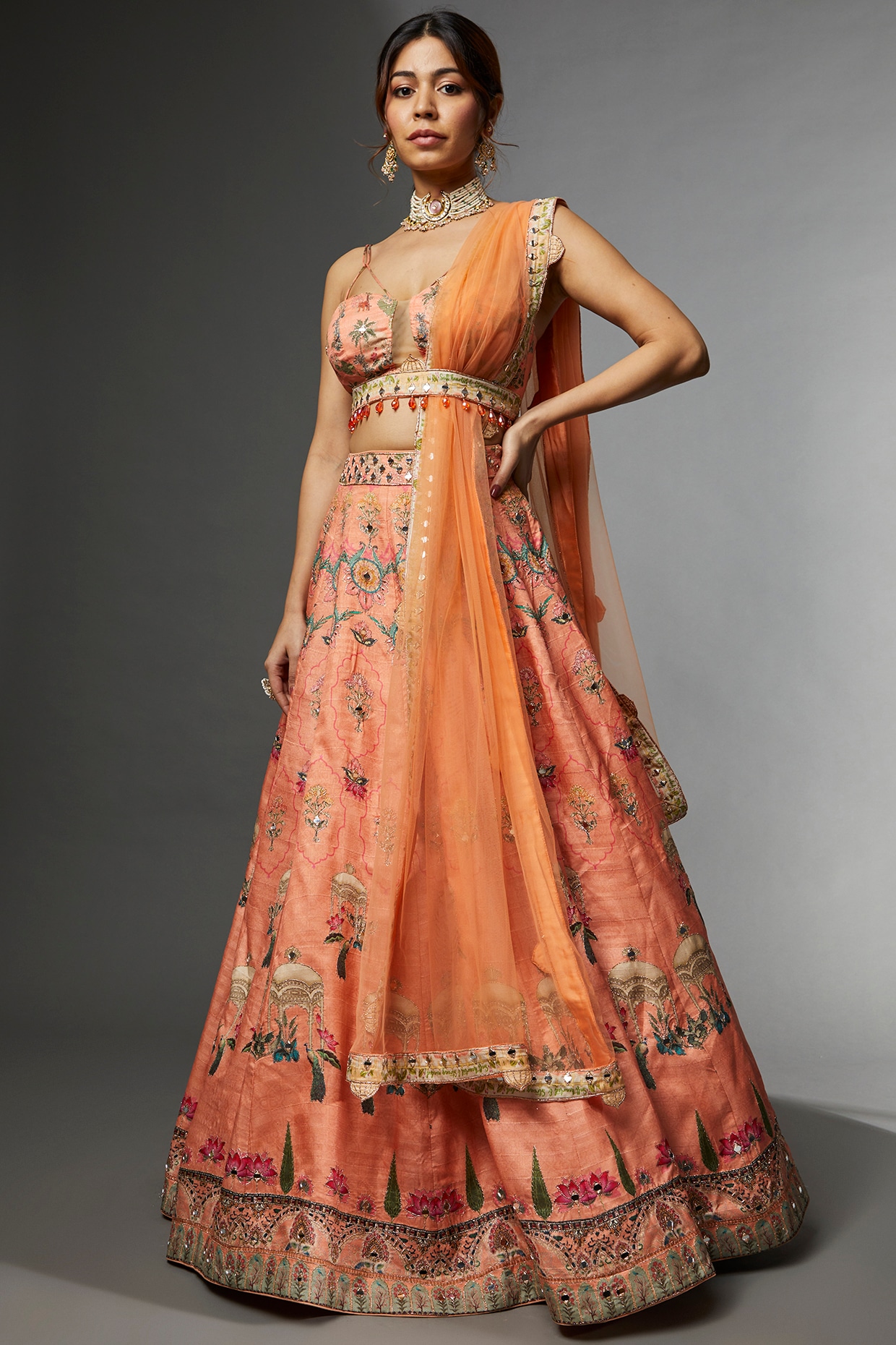Buy Wonderful Light Orange Sequins Work Net Lehenga Choli From Zeel Clothing