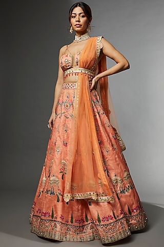 Coral Raw Silk Digital Printed Lehenga Set by Archana Kochhar