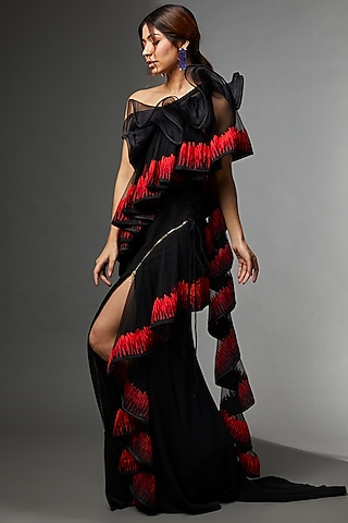 Black & Red Italian Fabric Embroidered Gown by Archana Kochhar