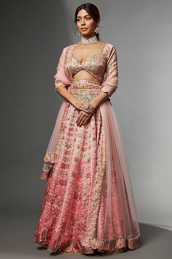 Pink Raw Silk Digital Printed Lehenga Set by Archana Kochhar