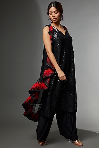 Black Georgette Embroidered Kurta Set With Cape by Archana Kochhar