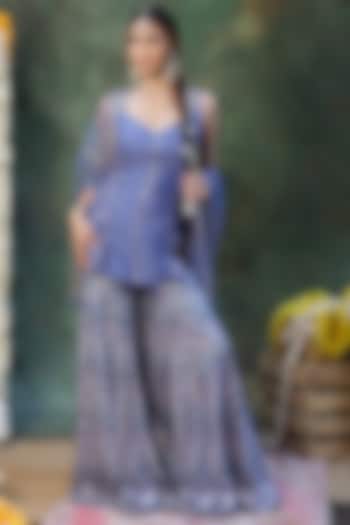 Blue Dola Silk Chevron Pattern Bridal Sharara Set by Archana Kochhar at Pernia's Pop Up Shop