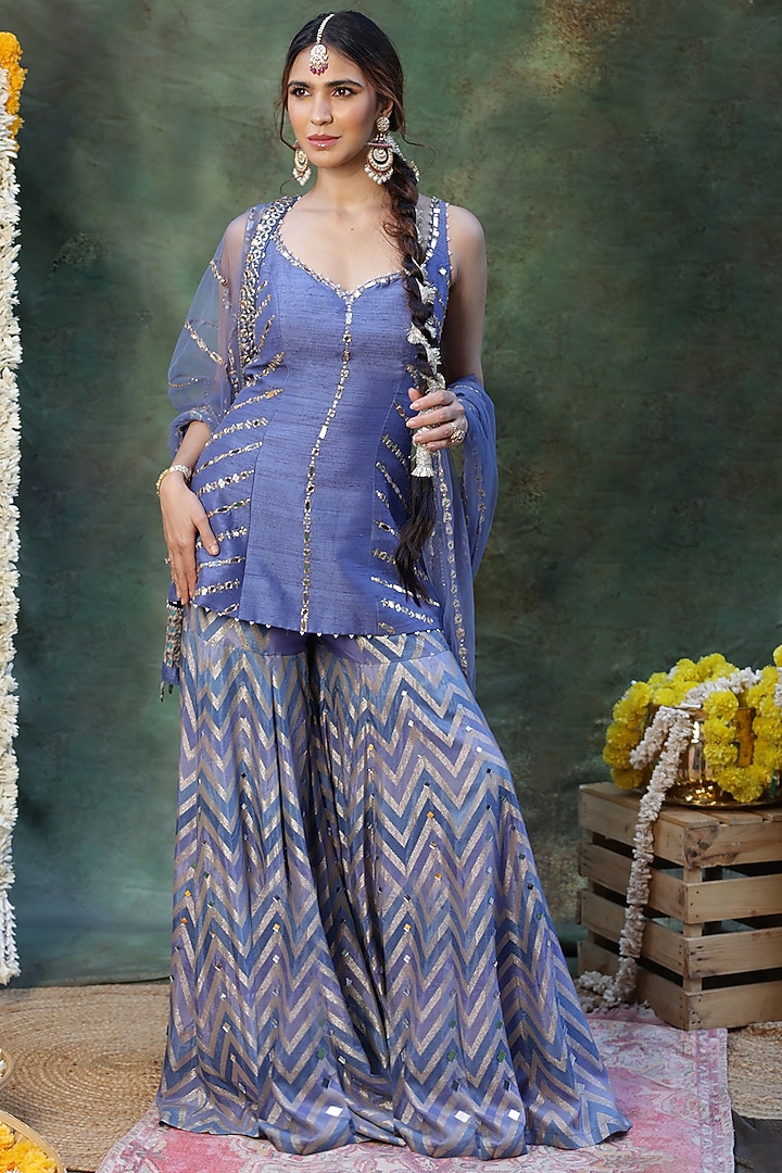 Blue Dola Silk Chevron Pattern Bridal Sharara Set by Archana Kochhar at Pernia's Pop Up Shop