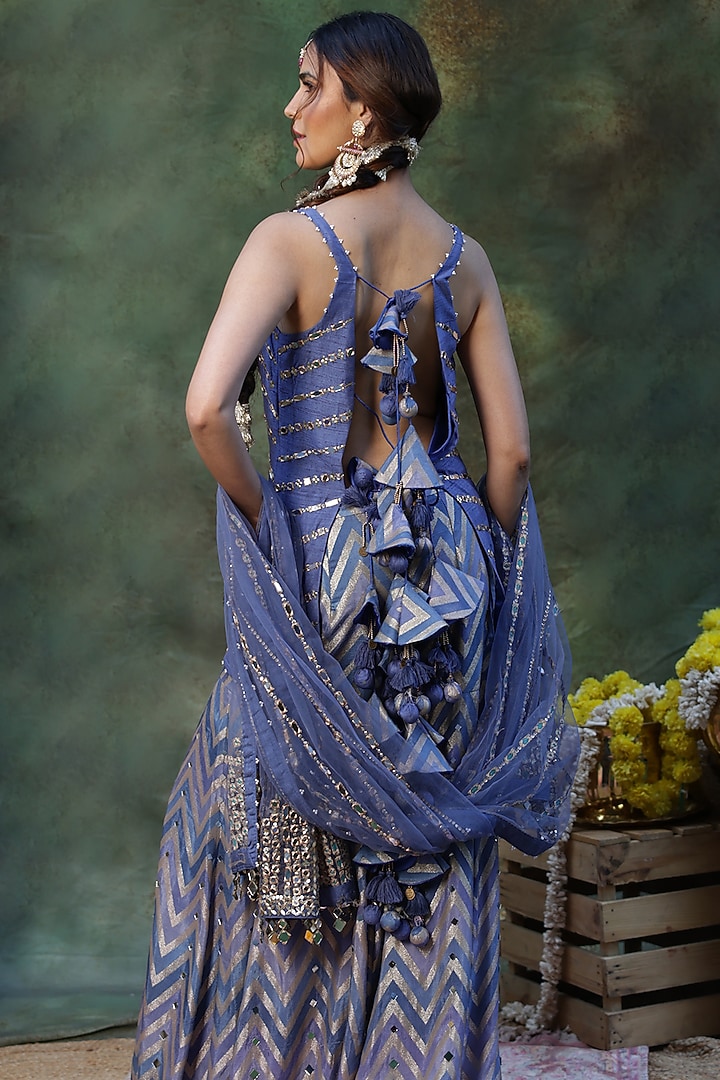 Blue Dola Silk Chevron Pattern Bridal Sharara Set by Archana Kochhar at Pernia's Pop Up Shop