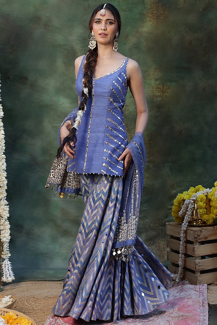 Blue Dola Silk Chevron Pattern Bridal Sharara Set by Archana Kochhar at Pernia's Pop Up Shop