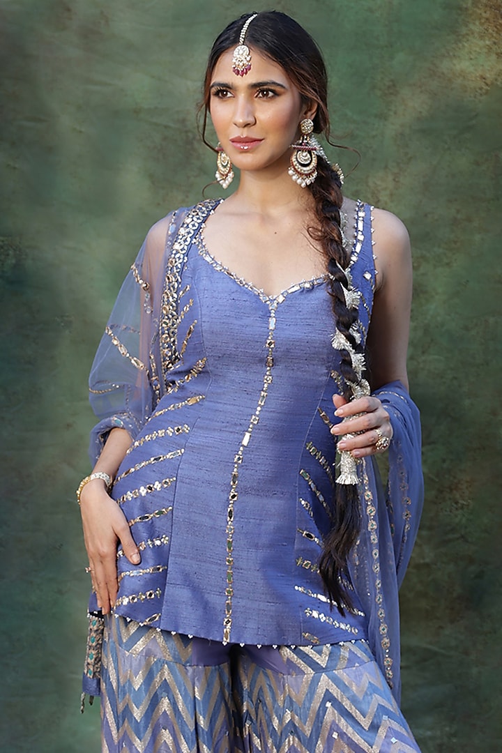 Blue Dola Silk Chevron Pattern Bridal Sharara Set by Archana Kochhar at Pernia's Pop Up Shop