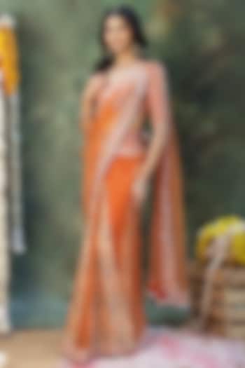 Rust Dola Silk Mirror & Pearl Embroidered Draped Reception Saree Set by Archana Kochhar at Pernia's Pop Up Shop