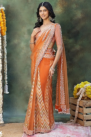 Rust Dola Silk Mirror & Pearl Embroidered Draped Saree Set by Archana Kochhar