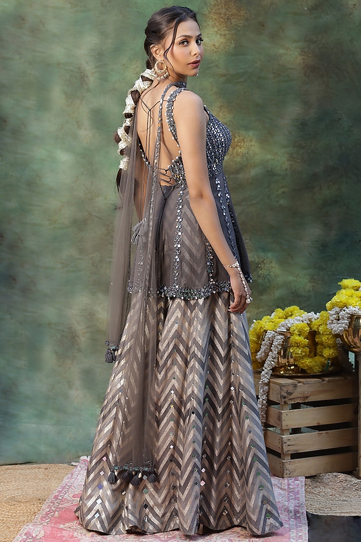 Grey Dola Silk Chevron Pattern Wedding Sharara Set by Archana Kochhar at Pernia's Pop Up Shop