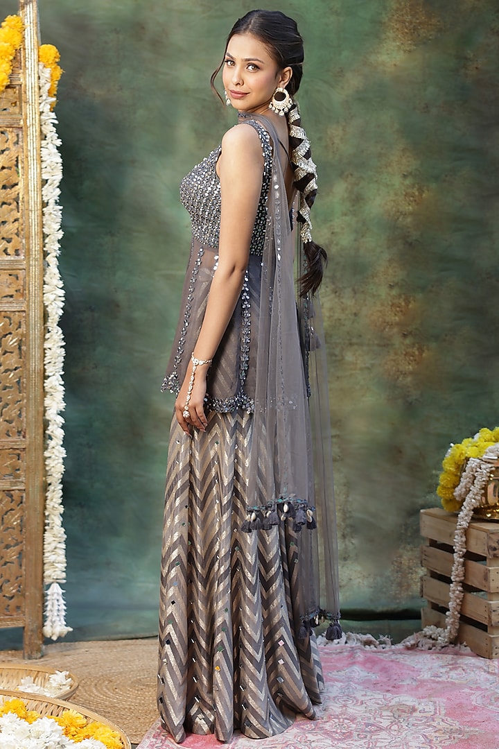 Grey Dola Silk Chevron Pattern Wedding Sharara Set by Archana Kochhar at Pernia's Pop Up Shop