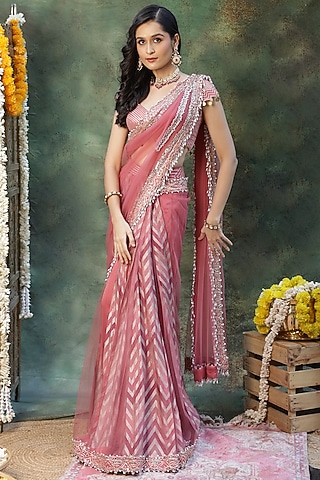 Pink Dola Silk Chevron Pattern Draped Saree Set by Archana Kochhar