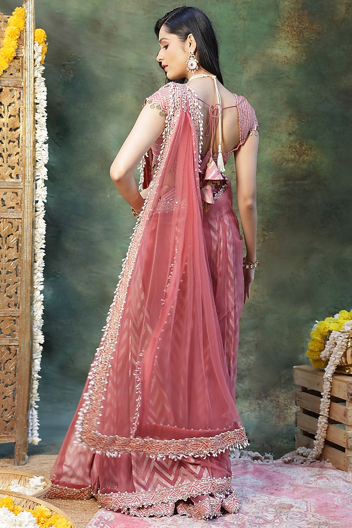 Pink Dola Silk Chevron Pattern Draped Reception Saree Set by Archana Kochhar at Pernia's Pop Up Shop
