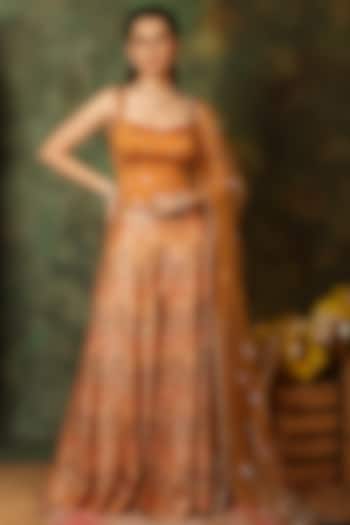 Rust Dola Silk Chevron Pattern Divided Skirt Set by Archana Kochhar at Pernia's Pop Up Shop