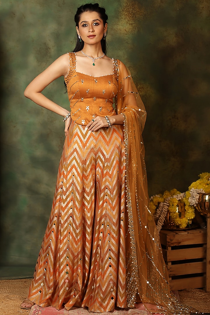 Rust Dola Silk Chevron Pattern Divided Skirt Set by Archana Kochhar at Pernia's Pop Up Shop