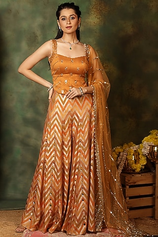 Rust Dola Silk Chevron Pattern Divided Skirt Set by Archana Kochhar