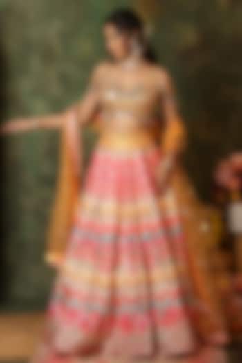 Multi-Colored Raw Silk Thread Embroidered & Ikat Printed Wedding Lehenga Set by Archana Kochhar at Pernia's Pop Up Shop