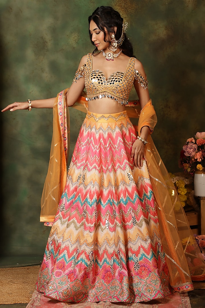 Multi-Colored Raw Silk Thread Embroidered & Ikat Printed Wedding Lehenga Set by Archana Kochhar at Pernia's Pop Up Shop