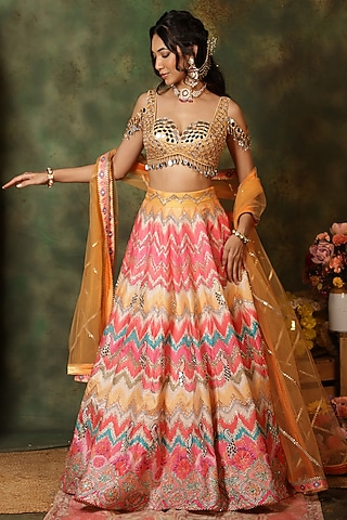 Multi-Colored Raw Silk Thread Embroidered & Ikat Printed Lehenga Set by Archana Kochhar