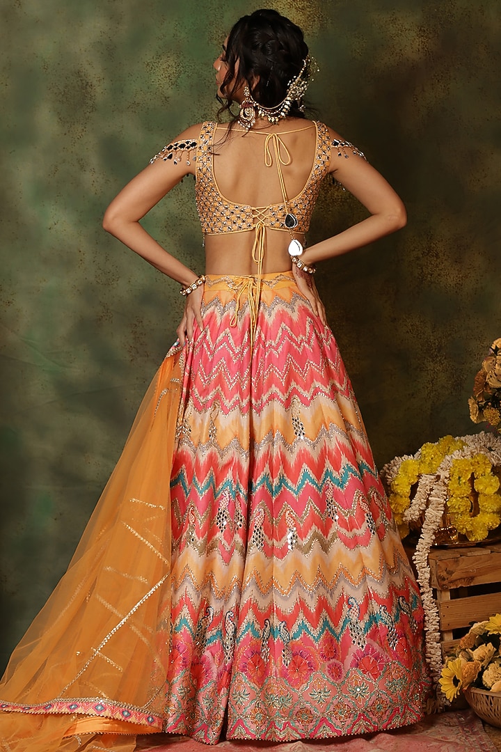 Multi-Colored Raw Silk Thread Embroidered & Ikat Printed Wedding Lehenga Set by Archana Kochhar at Pernia's Pop Up Shop