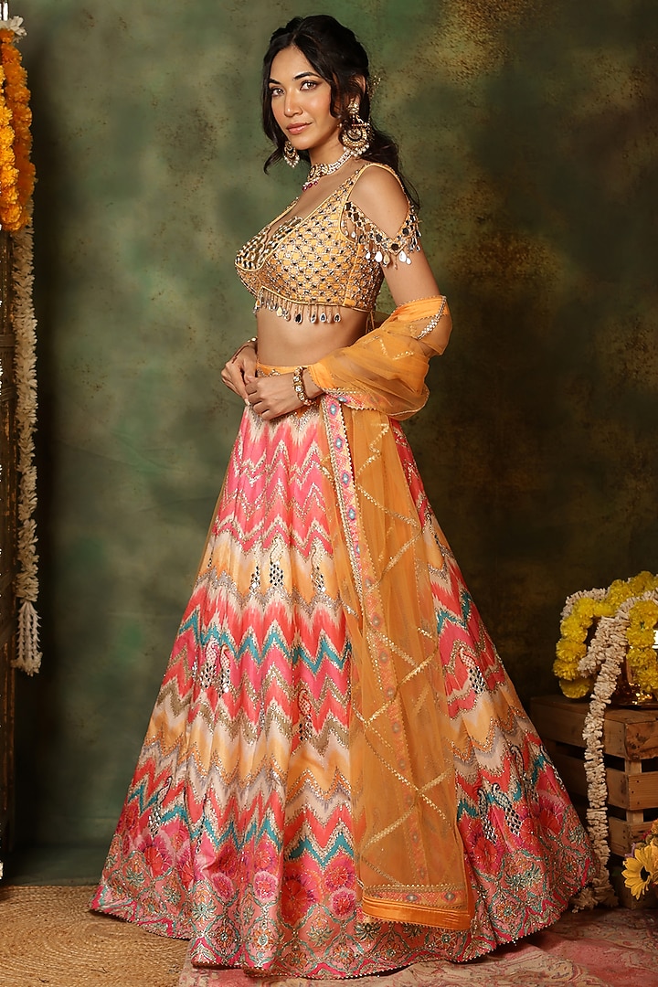 Multi-Colored Raw Silk Thread Embroidered & Ikat Printed Wedding Lehenga Set by Archana Kochhar at Pernia's Pop Up Shop