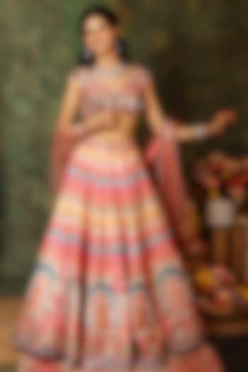 Multi-Colored Raw Silk Thread Embroidered & Ikat Printed Wedding Lehenga Set by Archana Kochhar at Pernia's Pop Up Shop