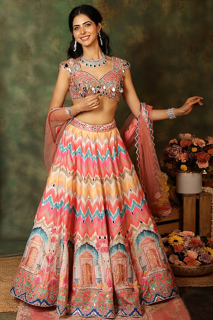 Multi-Colored Raw Silk Thread Embroidered & Ikat Printed Wedding Lehenga Set by Archana Kochhar at Pernia's Pop Up Shop