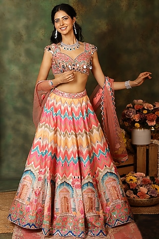 Multi-Colored Raw Silk Thread Embroidered & Ikat Printed Lehenga Set by Archana Kochhar