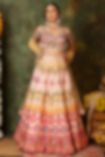 Multi-Colored Raw Silk Thread Embroidered & Ikat Printed Wedding Lehenga Set by Archana Kochhar at Pernia's Pop Up Shop