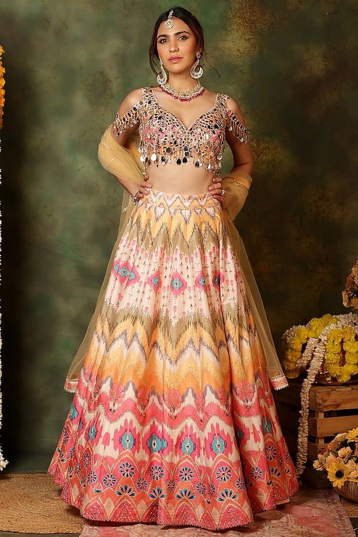 Multi-Colored Raw Silk Thread Embroidered & Ikat Printed Wedding Lehenga Set by Archana Kochhar at Pernia's Pop Up Shop