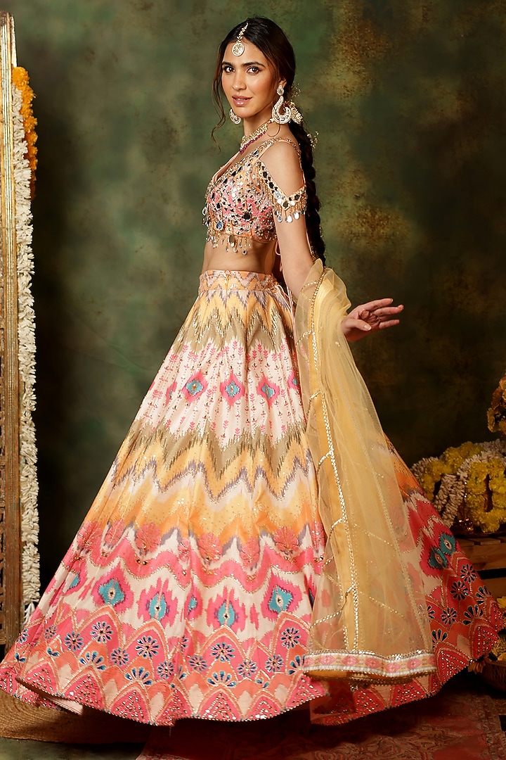 Multi-Colored Raw Silk Thread Embroidered & Ikat Printed Wedding Lehenga Set by Archana Kochhar at Pernia's Pop Up Shop