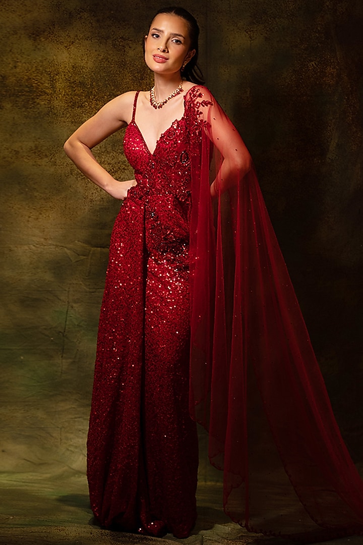 Red Georgette 3D Sequins & Floral Embroidered Gown by Archana Kochhar