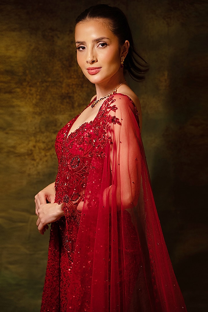 Red Georgette 3D Sequins & Floral Embroidered Engagement Gown by Archana Kochhar at Pernia's Pop Up Shop