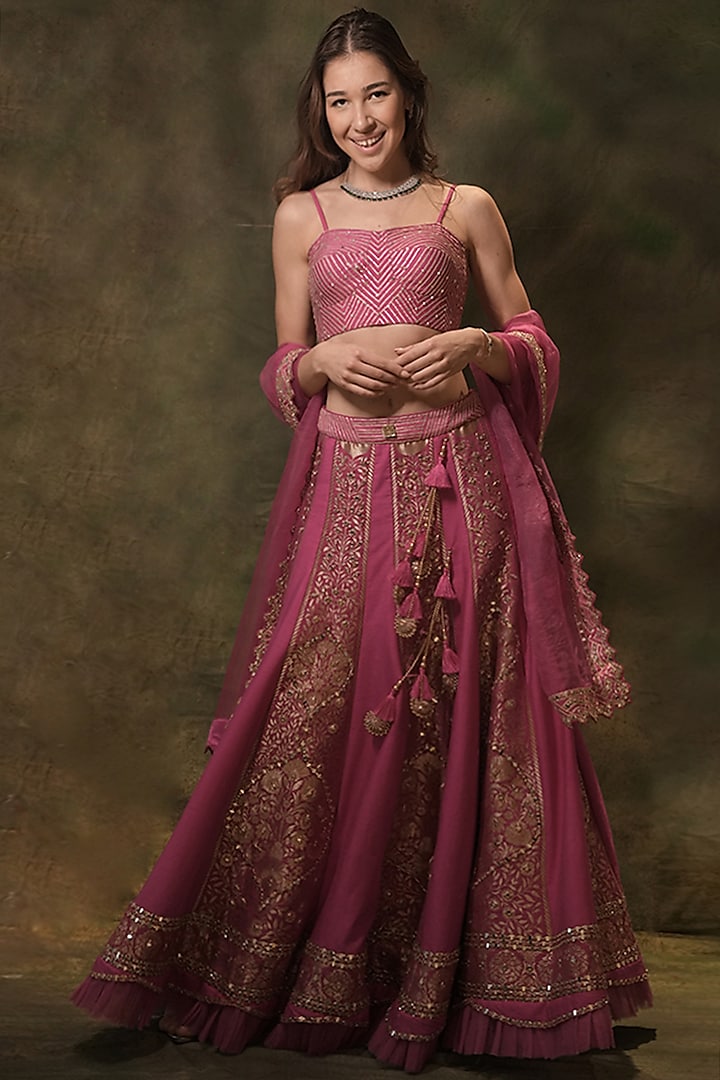 Rani Pink Silk Gota & Thread Embroidered Wedding Lehenga Set by Archana Kochhar at Pernia's Pop Up Shop